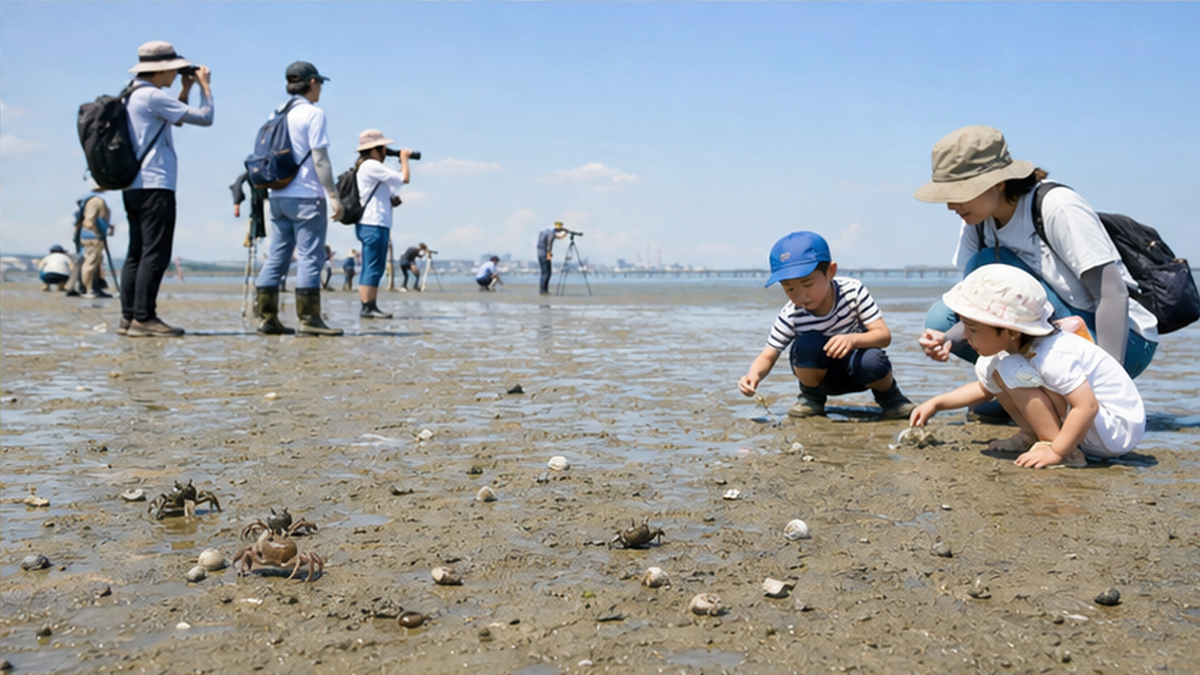 干潟で野鳥観察や生きもの調査を楽しむ親子連れの人々