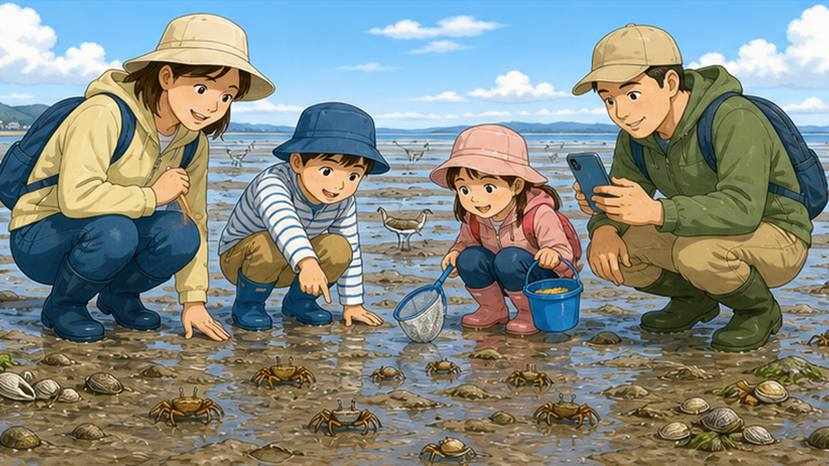 Illustration of a family exploring a tidal flat and checking a tide table for the spring low tide