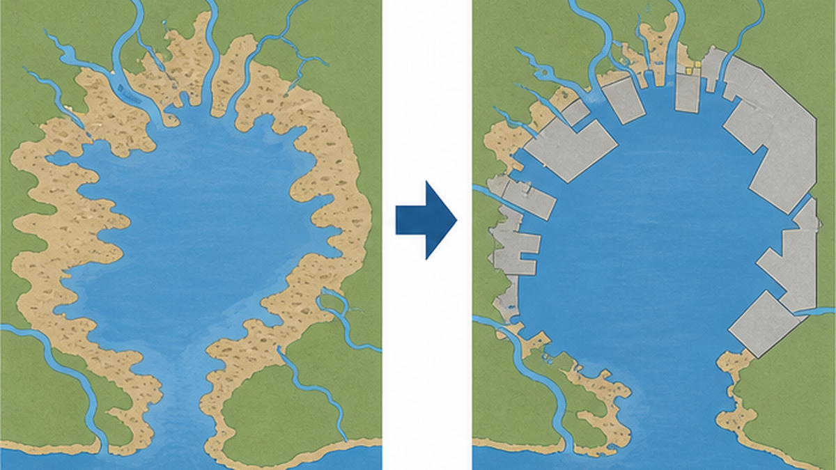 Map comparison showing Tokyo Bay's tidal flats declining 89 percent between 1945 and 1978