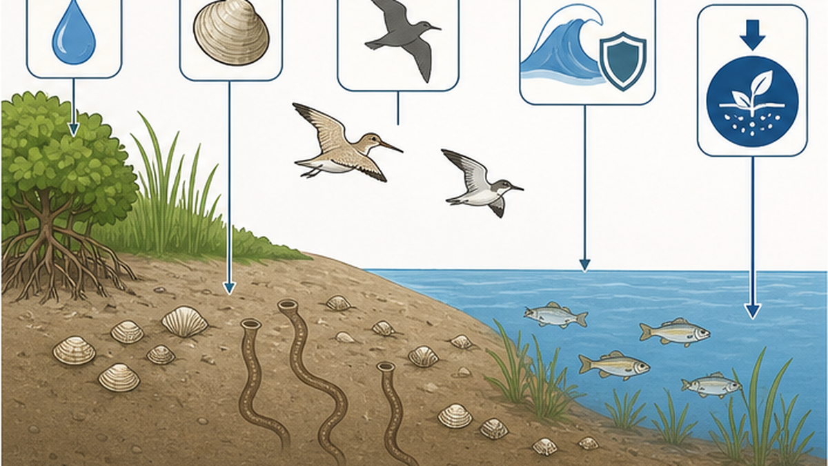 Cross-section diagram of the five functions of a tidal flat: purification, fisheries, migratory birds, coastal defence and carbon storage