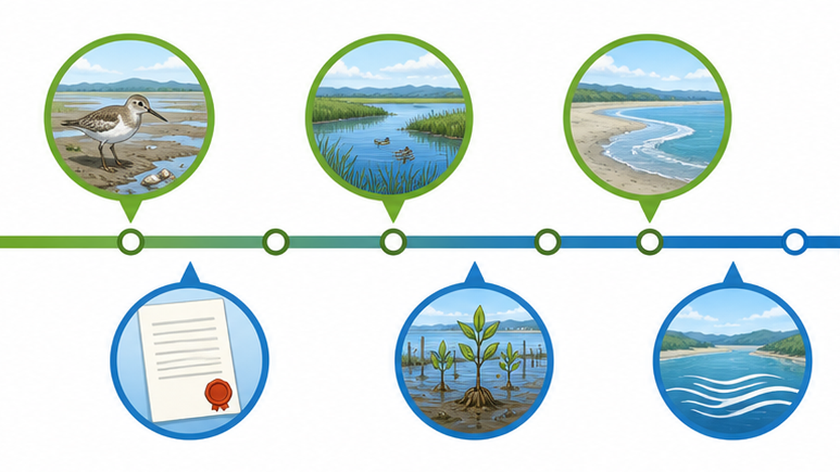 Timeline diagram of the cancellations at Fujimae, Nakaumi and Sanbanze alongside changes in environmental law