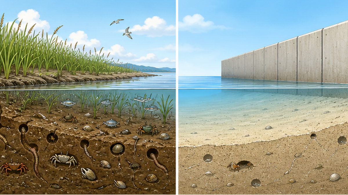 Cross-section diagram comparing the structure of a natural tidal flat with that of an artificial one