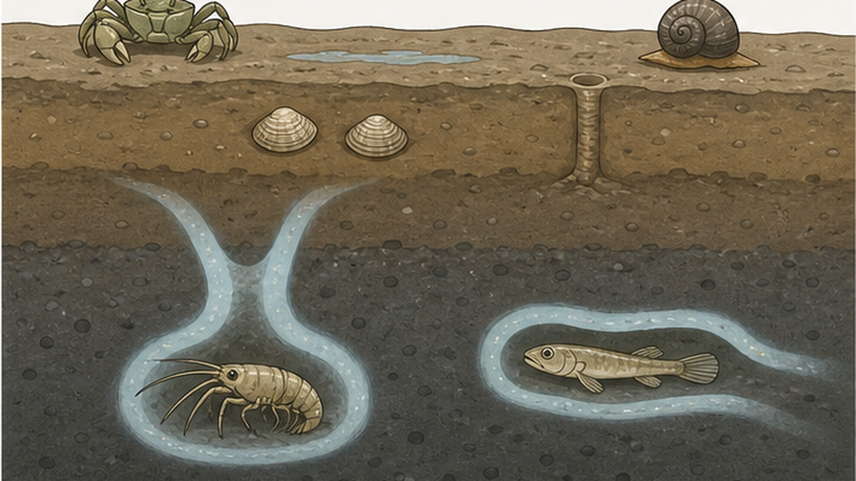 Cross-section diagram showing how benthic animals are stratified by depth within tidal flat mud