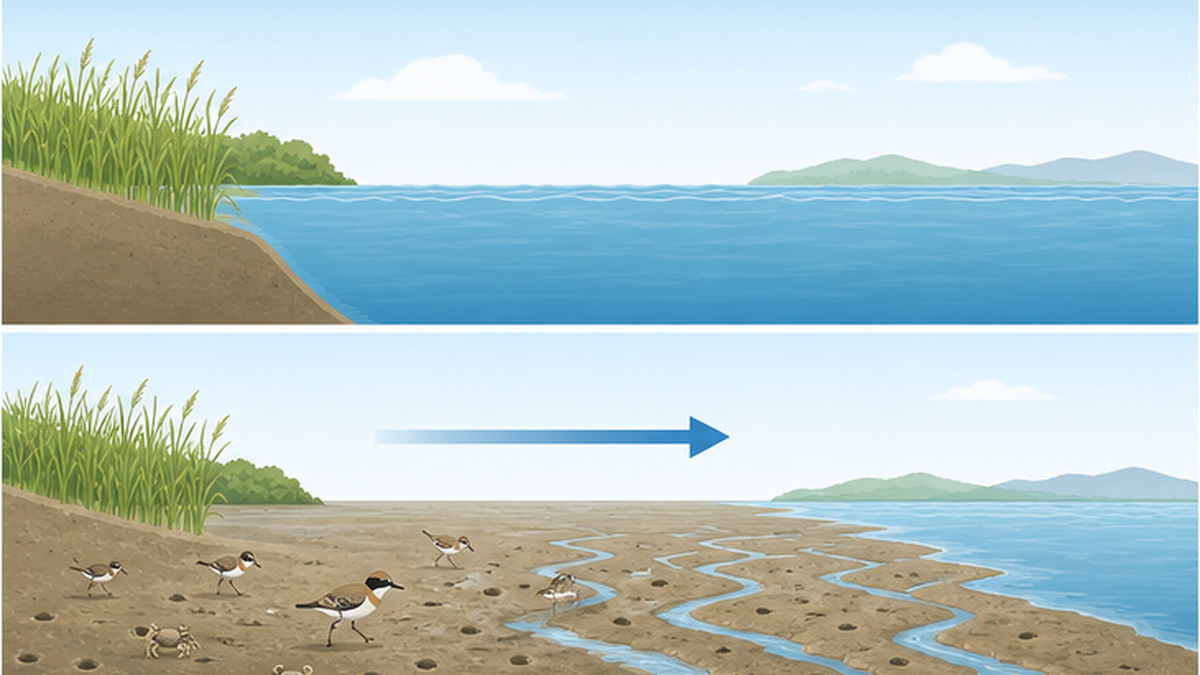 Cross-section diagram showing how a tidal flat changes between high tide and low tide
