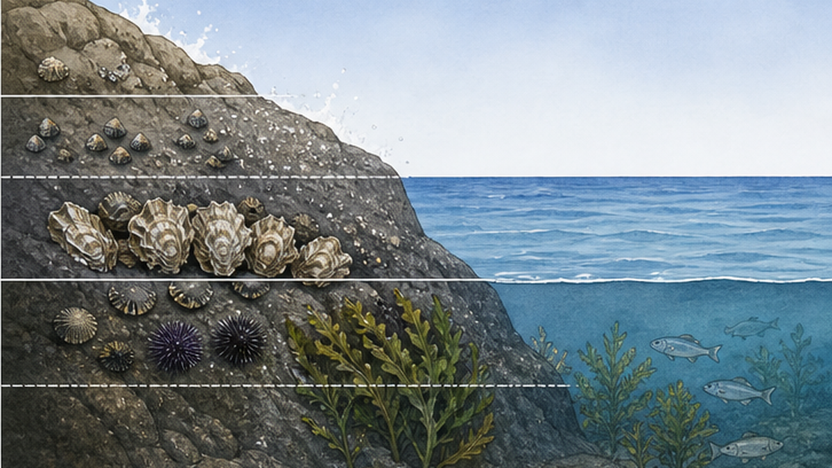 Cross-section of a rocky shore divided from top to bottom into supratidal, upper, mid and lower intertidal, and subtidal zones, each with its characteristic animals
