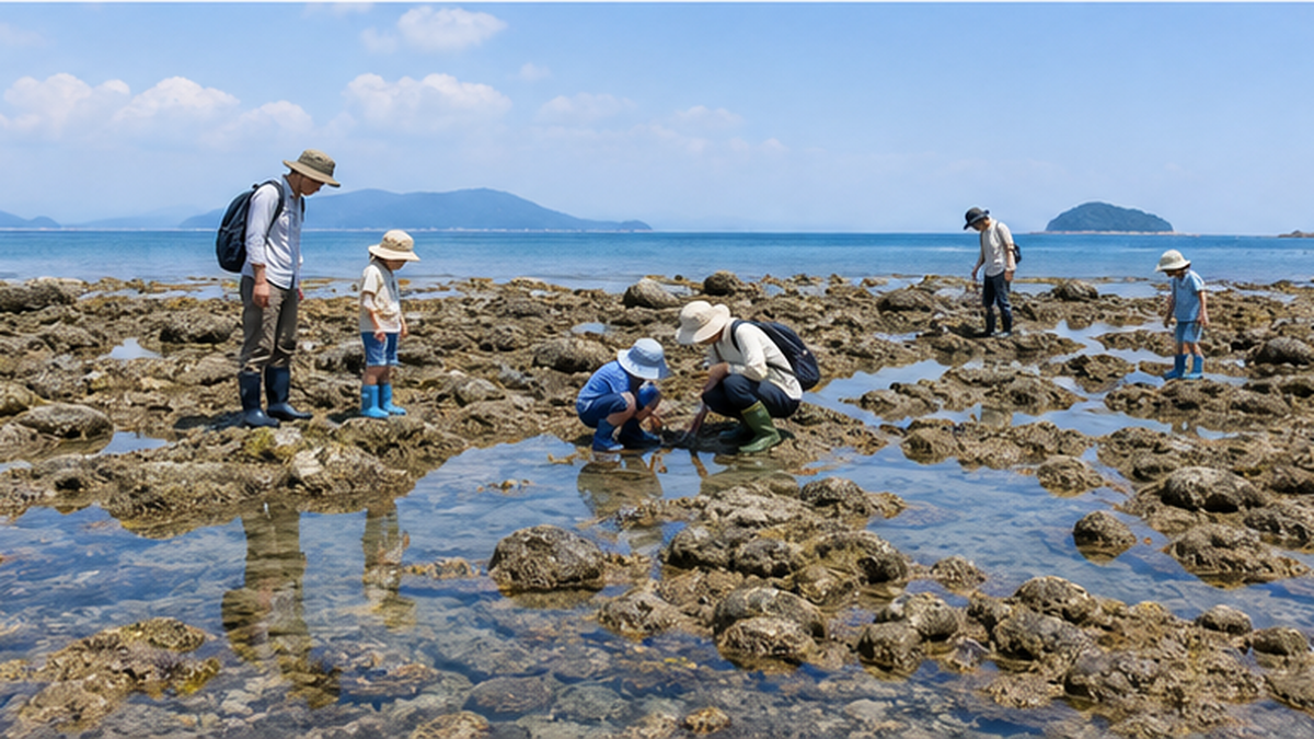 A wide rocky shore at low tide, with children and adults spread out looking into tide pools