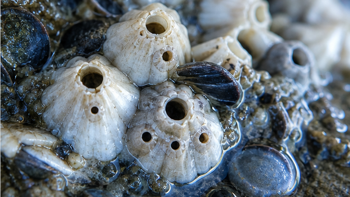 Close-up of a rocky-shore rock face packed with barnacles, limpets, chitons and periwinkles