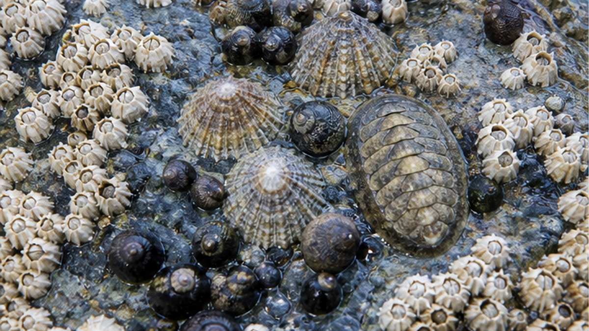 Small circular holes bored through barnacle and bivalve shells — the mark of predation by a carnivorous snail