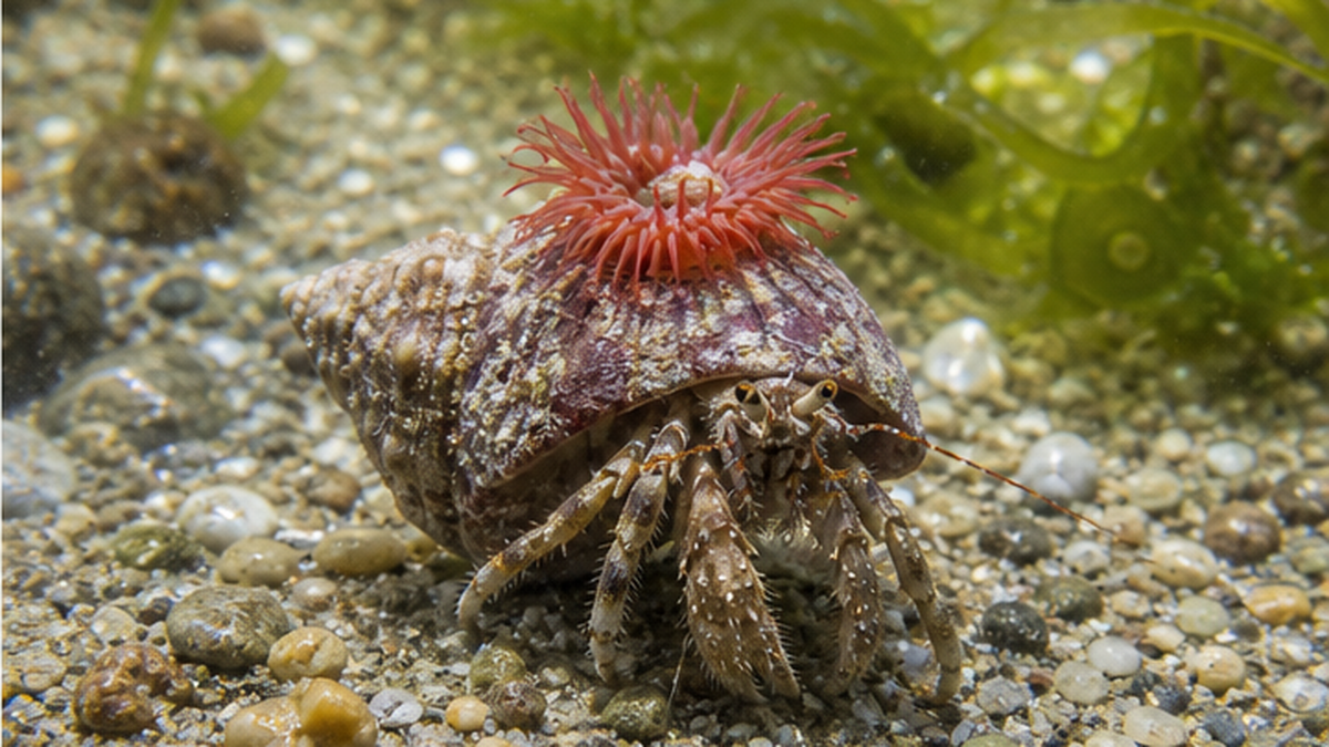 A hermit crab carrying a snail shell walking through a tide pool, with a red sea anemone attached to the shell