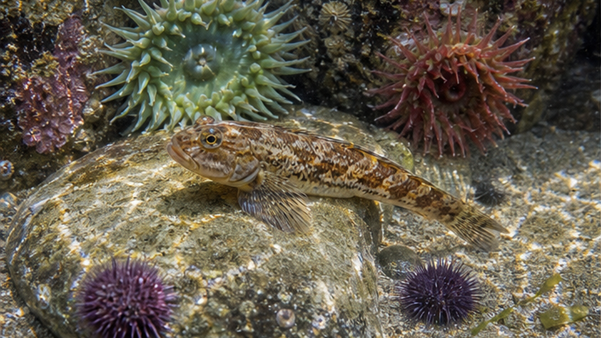A small goby gripping a stone on the floor of a tide pool, with green and red sea anemones on the wall behind and a purple urchin below