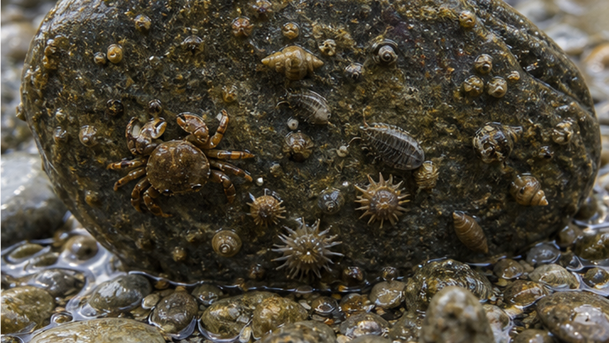 The underside of a stone lifted on a rocky shore, with small crabs, amphipods, juvenile snails and a small sea anemone attached to the damp surface