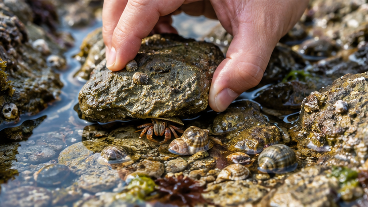 A close-up of hands gently placing a rock back in its original position, with a hermit crab peeking out from underneath