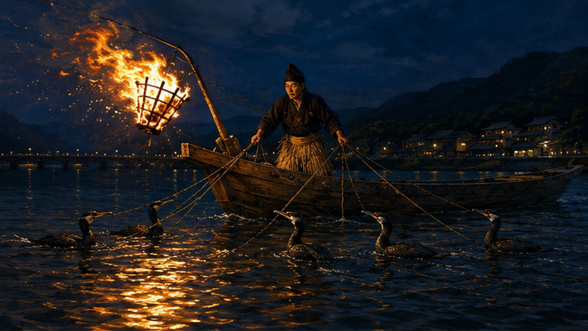A cormorant master on a boat lit by a bonfire on the night-time Nagara River, guiding cormorants with hand cords to fish for ayu