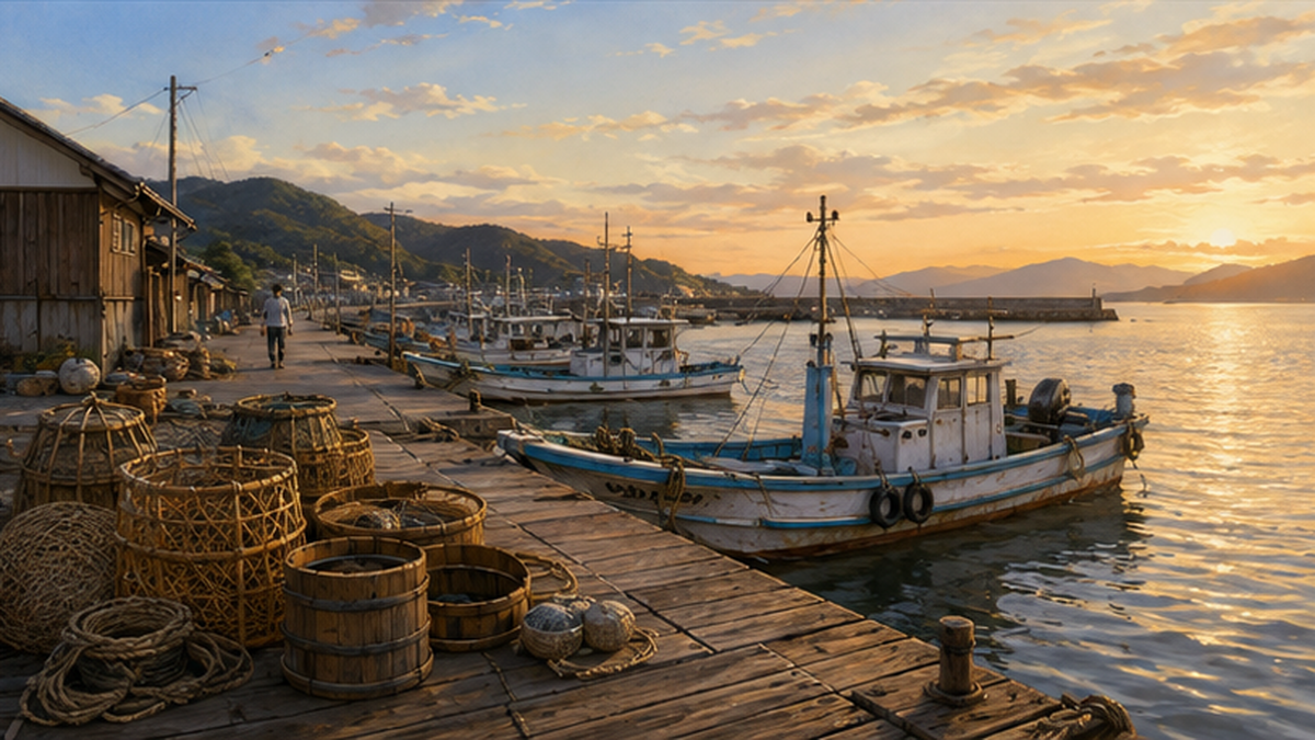 Fishing gear on a quiet harbor pier with fishing boats in the distance and few people around