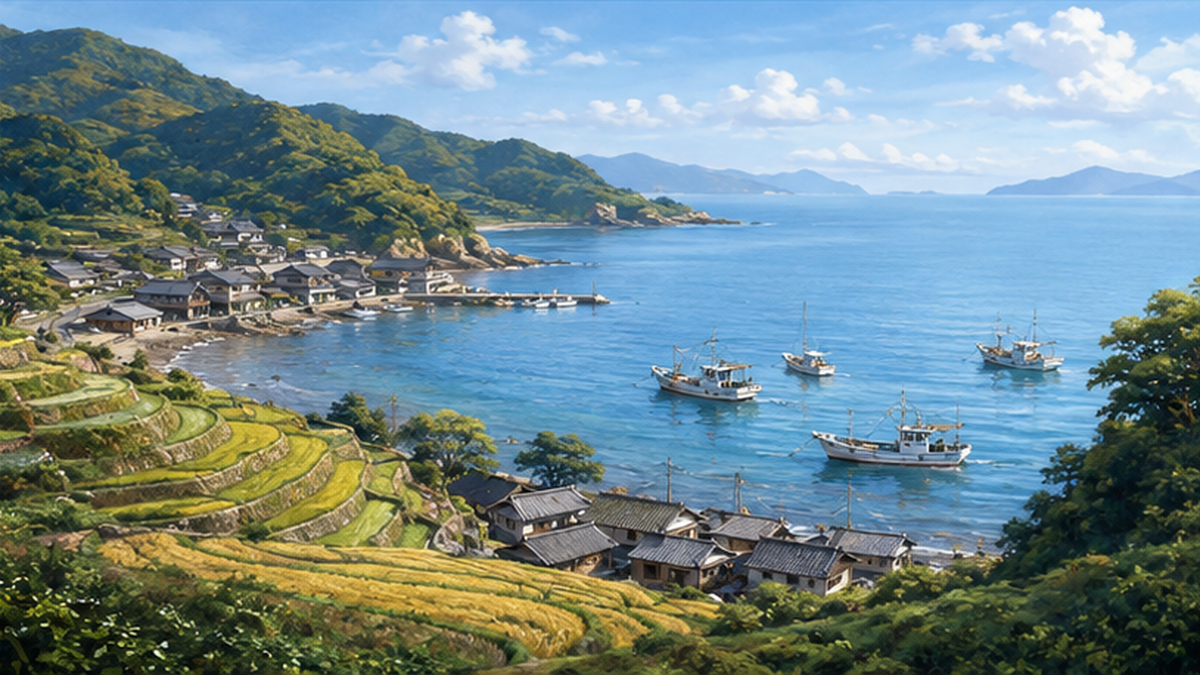 A coastal landscape reminiscent of the Noto Peninsula, where satoyama and satoumi meet, with terraced fields, a fishing village, and calm sea