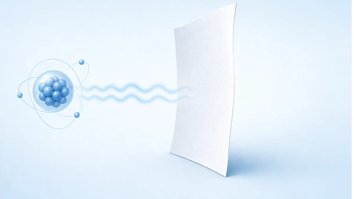 Conceptual image of tritium's weak beta radiation being blocked by a single sheet of paper