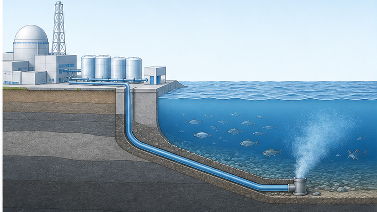 处理水经海水稀释后通过海底隧道排放至外海的机制示意图