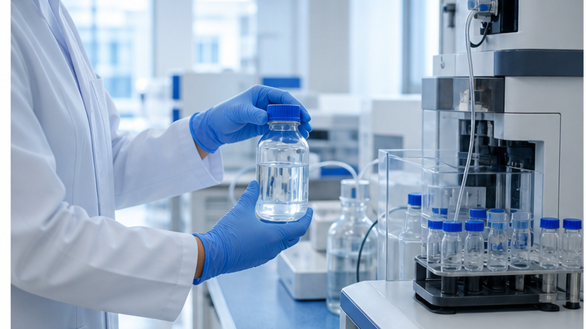 研究人员使用分析仪器分析海水样本的图像