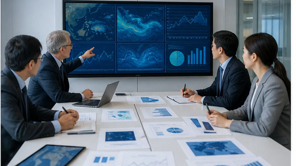 Image of experts from multiple countries examining ocean data at an international meeting