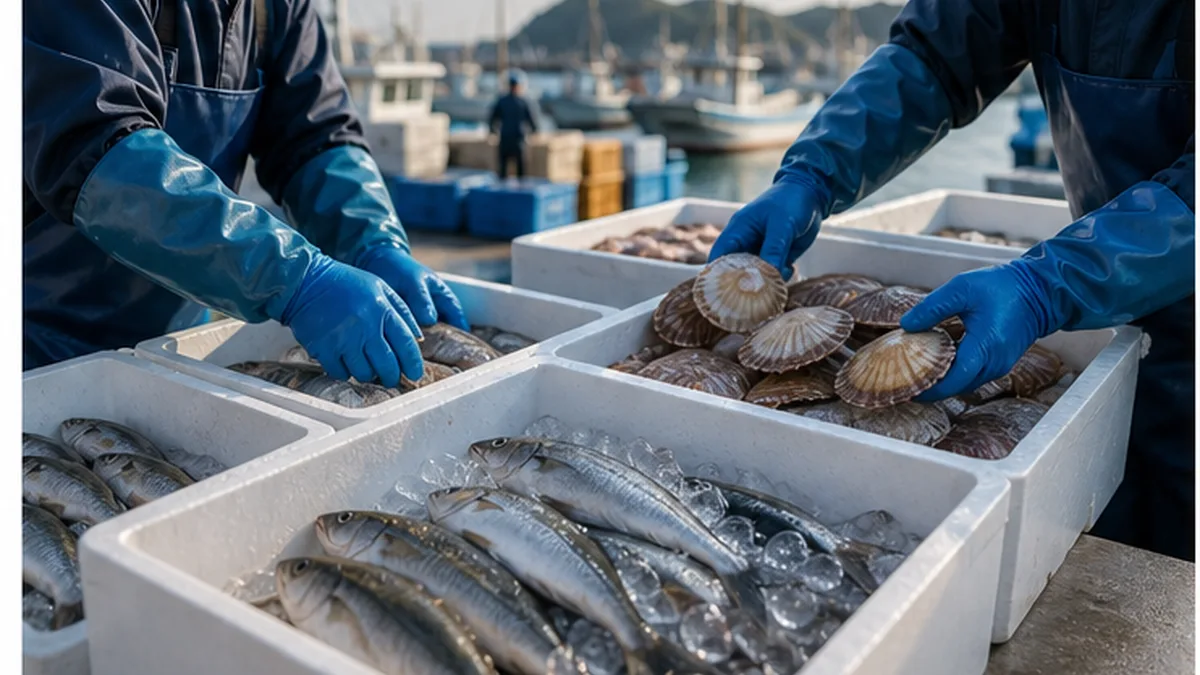 Image of boxes of freshly landed seafood and inspection at a fishing port