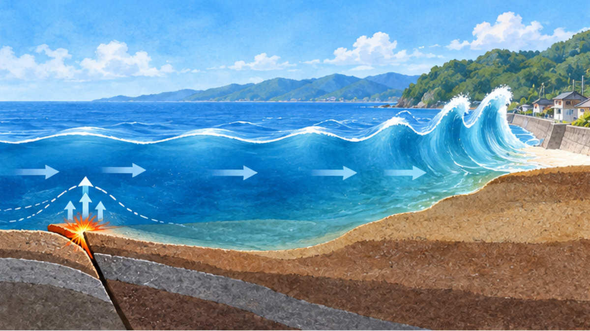海底の地震で海水が持ち上がり、津波が沖から海岸へ伝わる断面イメージ