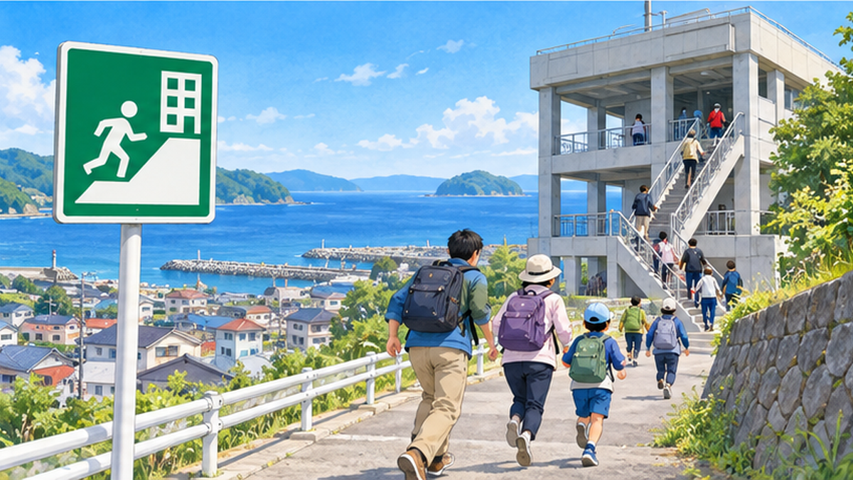 揺れの後、海岸から高台や津波避難ビルへ徒歩で向かう人々の流れを示す図