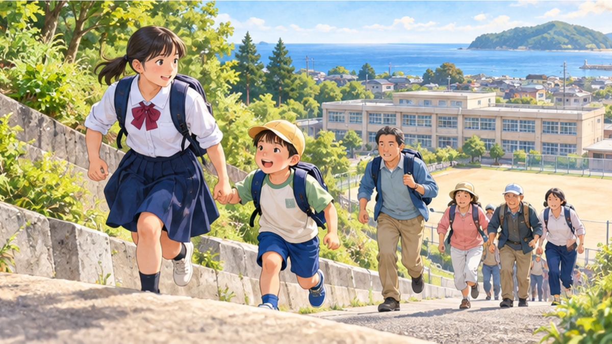 中学生が小学生の手を引いて高台へ向かって走る様子を示す、避難の連鎖のイメージ