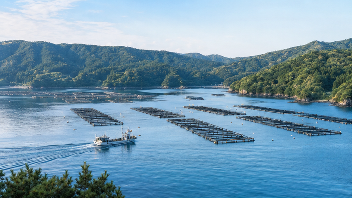 穏やかなリアス湾に浮かぶ養殖いかだの列と作業船