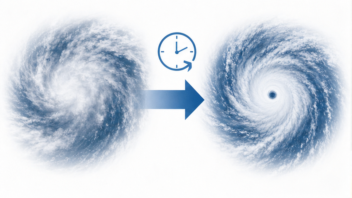 急速発達の前後で台風の目や渦がくっきりする様子を並べた比較イメージ