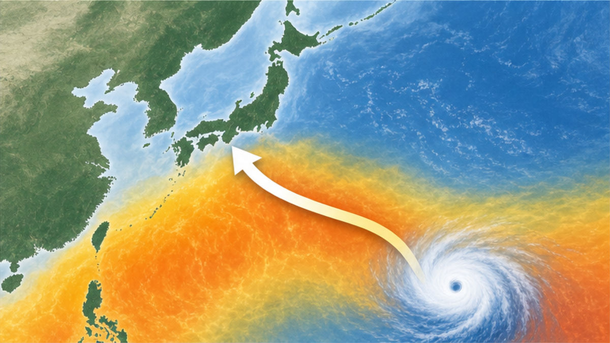 スーパー台風が勢力を保ったまま日本付近まで北上する将来イメージの地図風図解