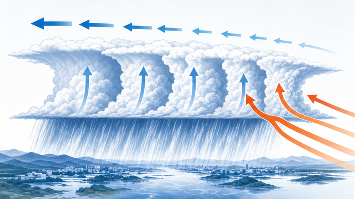暖かく湿った空気の流入で積乱雲が次々と発生し線状に並ぶバックビルディングの図解