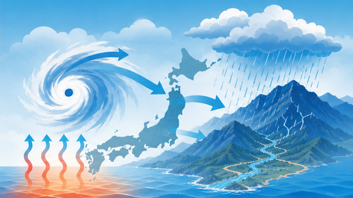 暖かい海から台風が湿った空気を送り込み、内陸で豪雨をもたらす連鎖のイメージ図