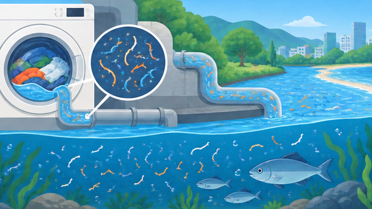 洗濯機から出た繊維くずが排水を通って川から海へ流れる様子の図解
