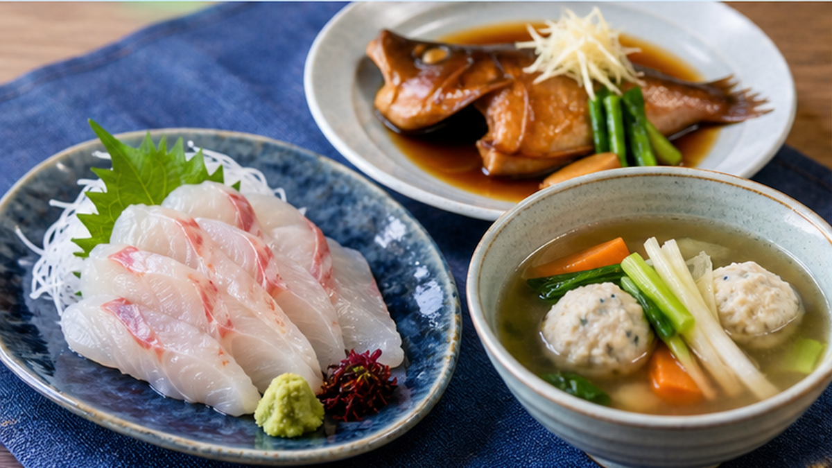 調理された未利用魚の刺身と煮付けが美しく盛り付けられた和食のプレート