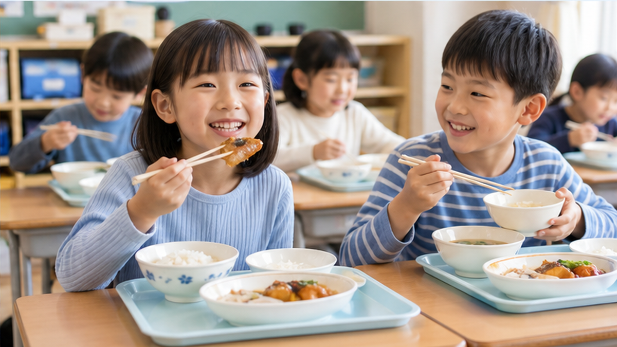小学校の給食で未利用魚のおかずを楽しそうに食べる子どもたちの様子