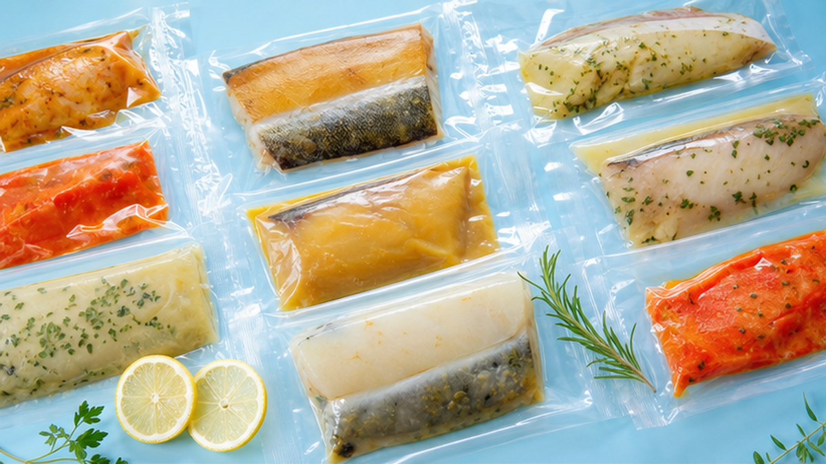骨取りされ味つけされた未利用魚のミールパックが並ぶ加工品のイメージ