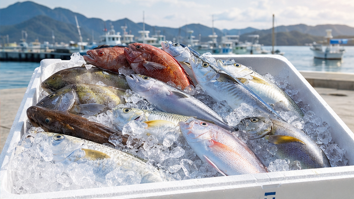 多様な地魚が詰められた産地直送の鮮魚ボックスと発泡スチロールの梱包