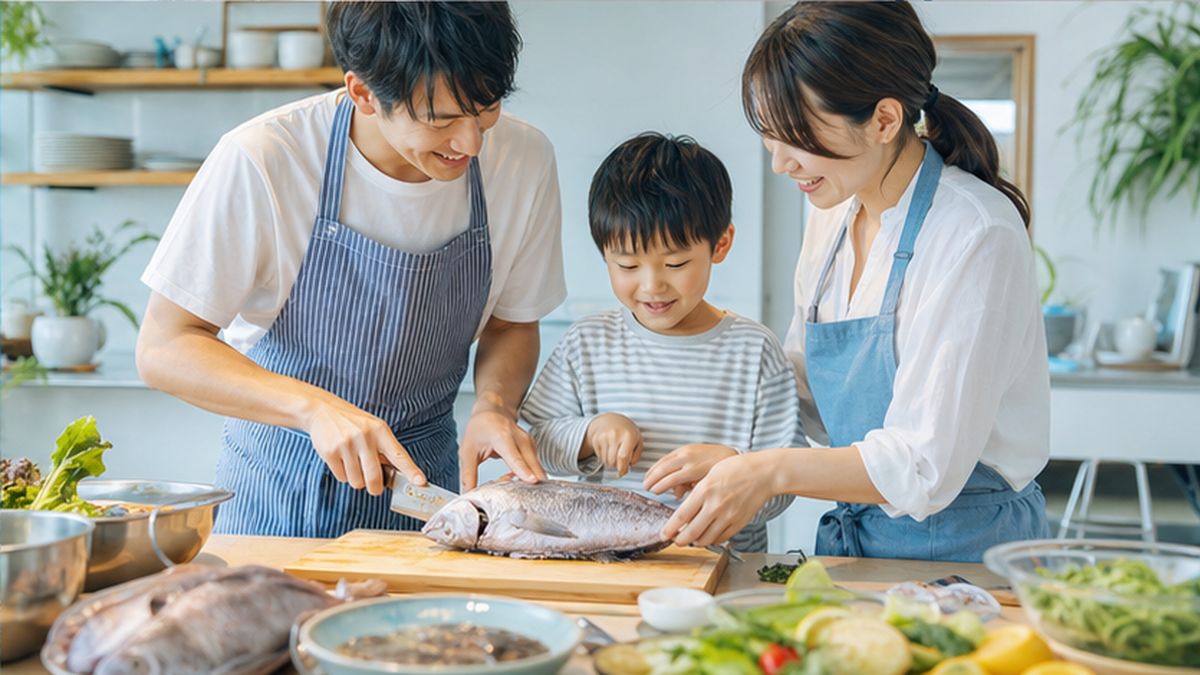 家庭のキッチンで見慣れない地魚を家族で調理する温かい情景