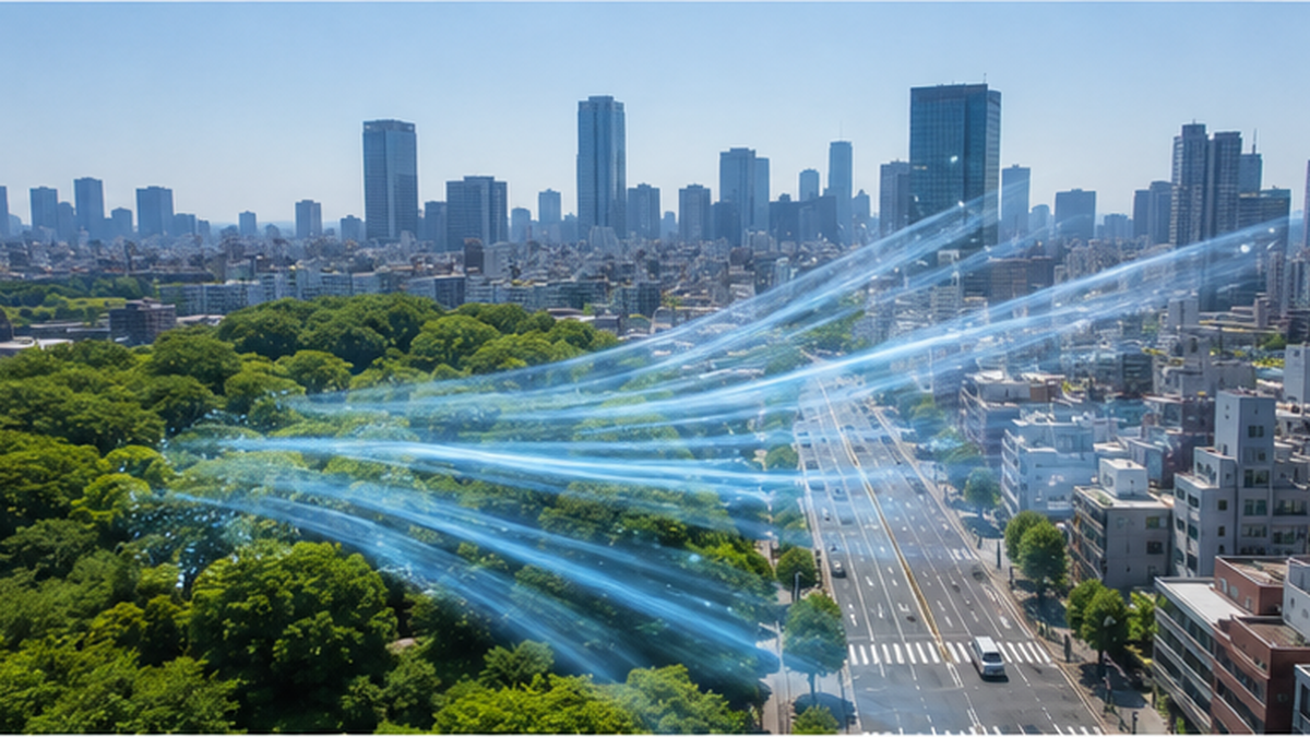 Illustration of cool air seeping from the shade of an urban park into the surrounding streets