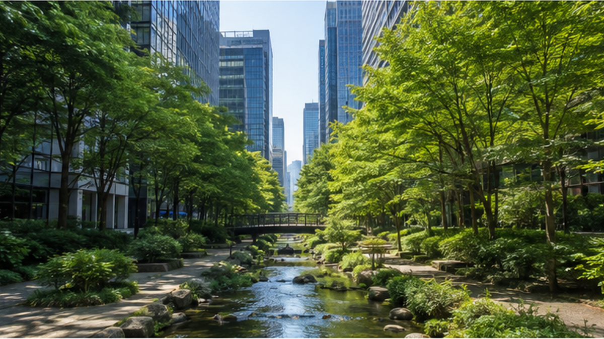 Image of an urban forest regenerated in a downtown redevelopment area, surrounded by high-rise buildings