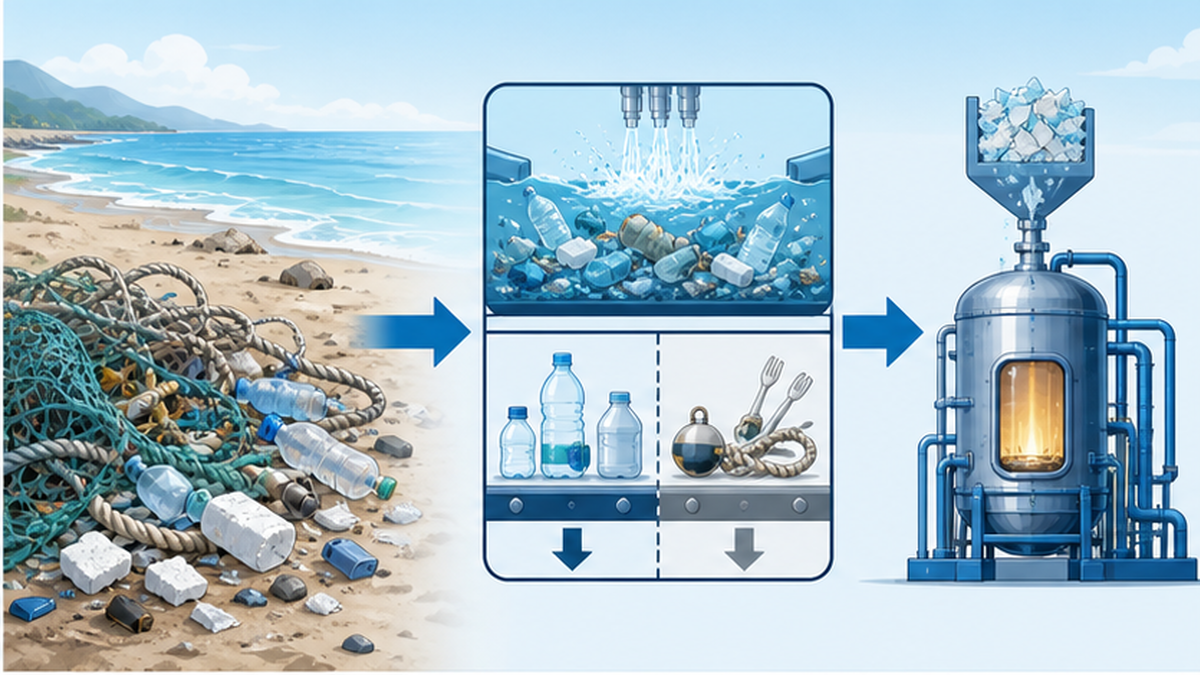 海岸で回収された雑多なプラスチックごみと、それを処理する前処理工程のイメージ