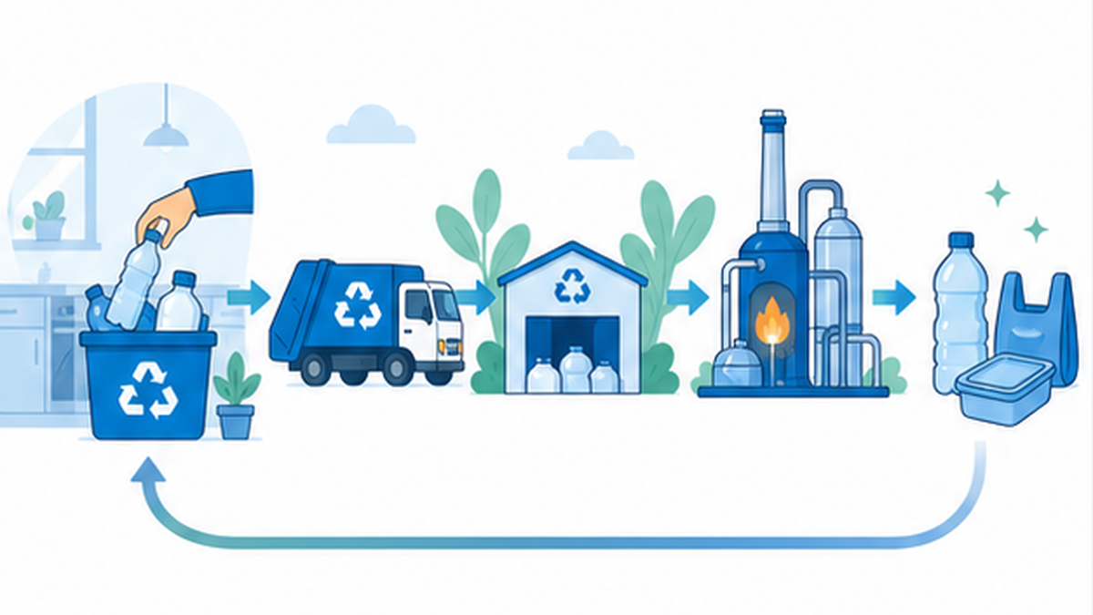 家庭での分別から油化プラントまでプラスチックが循環する流れを示した図