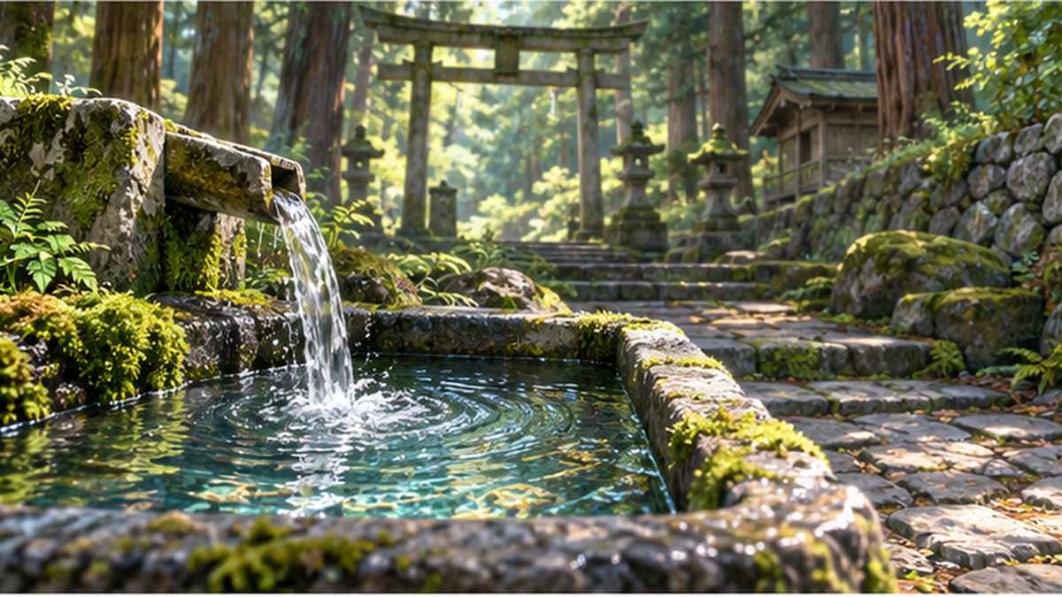 石造りの水舟に流れ込む湧き水と神社の鳥居
