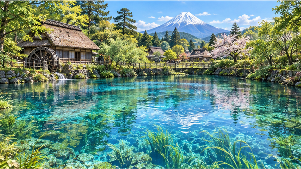 透き通った青い湧水池と富士山を背景にした風景