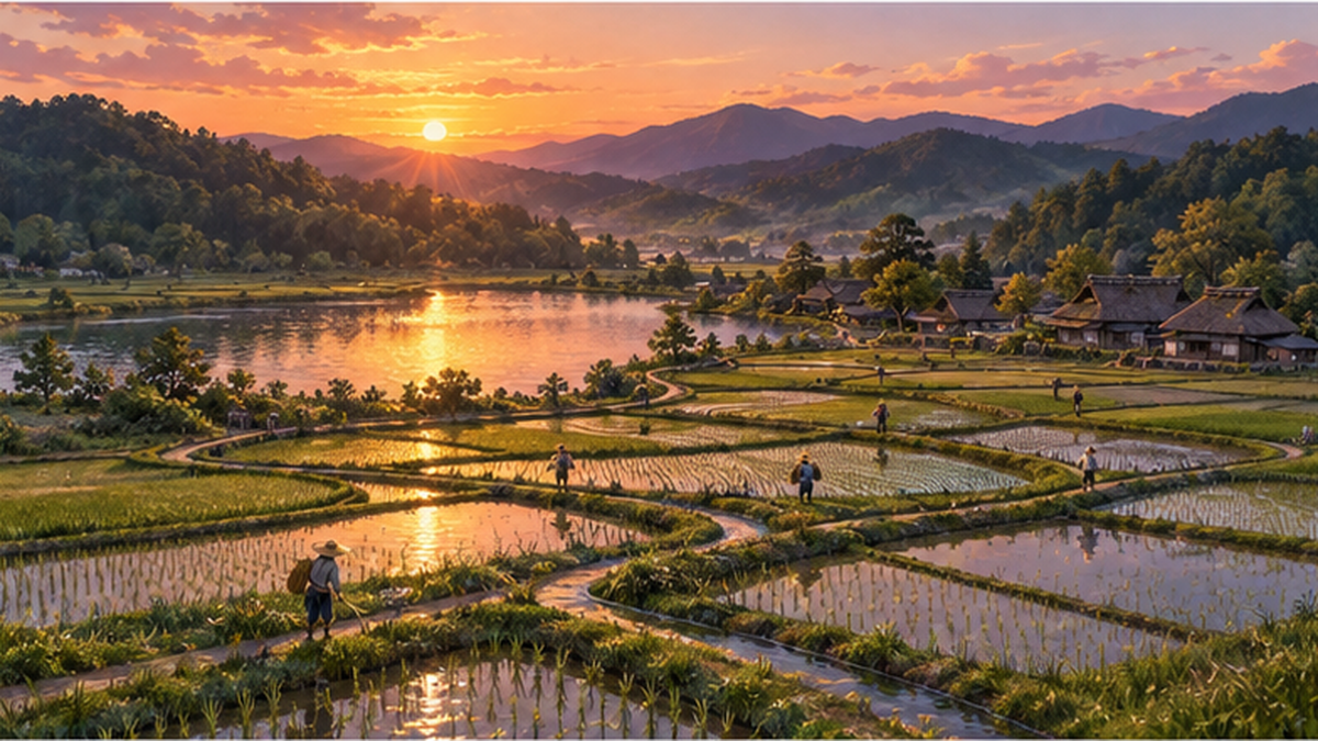 ため池と水田地帯を見渡す夕暮れの里山風景