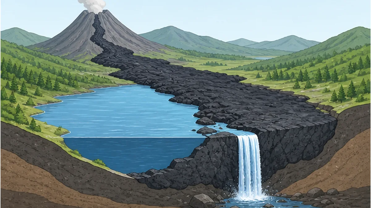 溶岩流が谷をせき止めて湖をつくり、その出口が滝になる仕組みの図