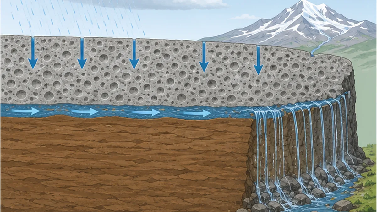 透水層と難透水層の境界から地下水が湧き出して滝になる断面図