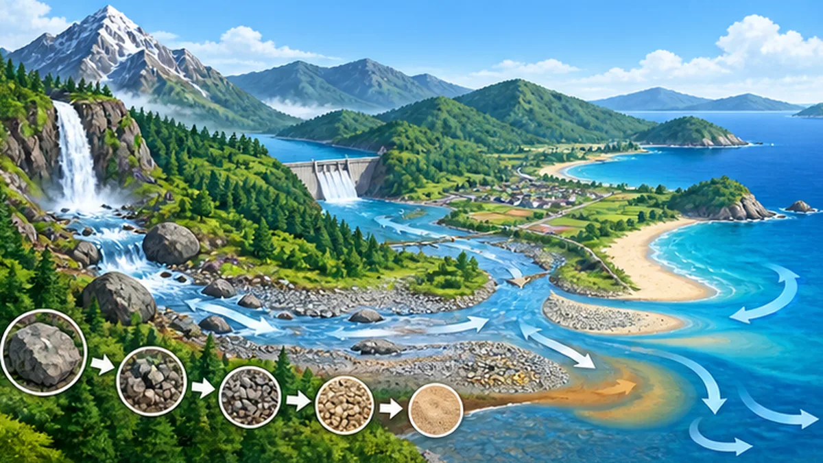 山の滝から川を経て海岸の砂浜まで、土砂が運ばれる流れの図