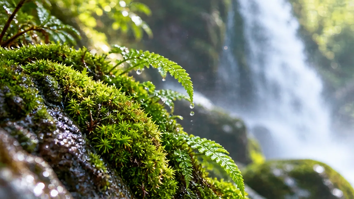 滝の周囲の湿った岩に密生する苔とシダのクローズアップ