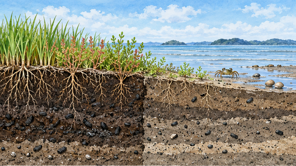 水に浸かった湿地の土壌に炭素が積み重なる断面を描いたイラスト